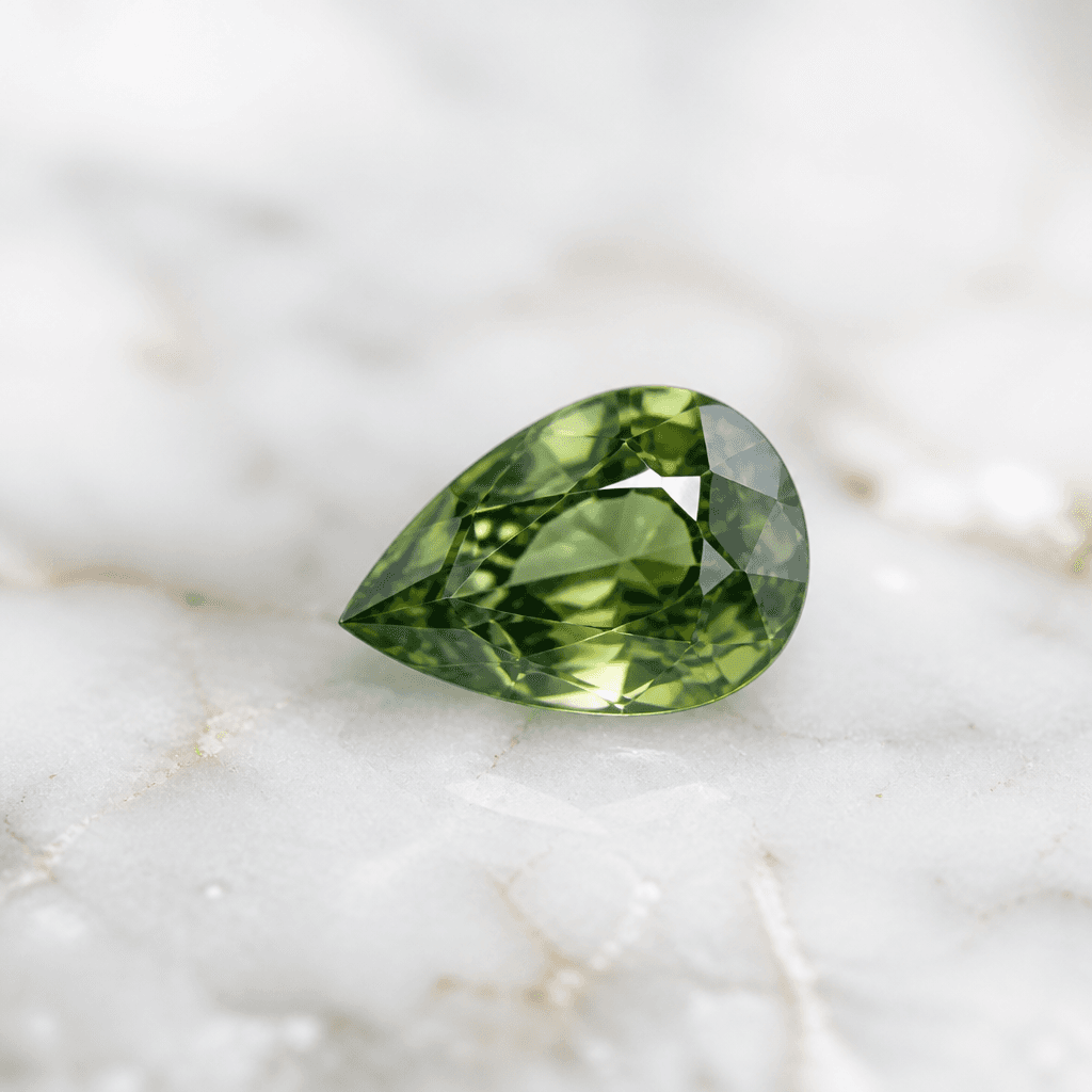 Natural loose green sapphire, pear cut on marble