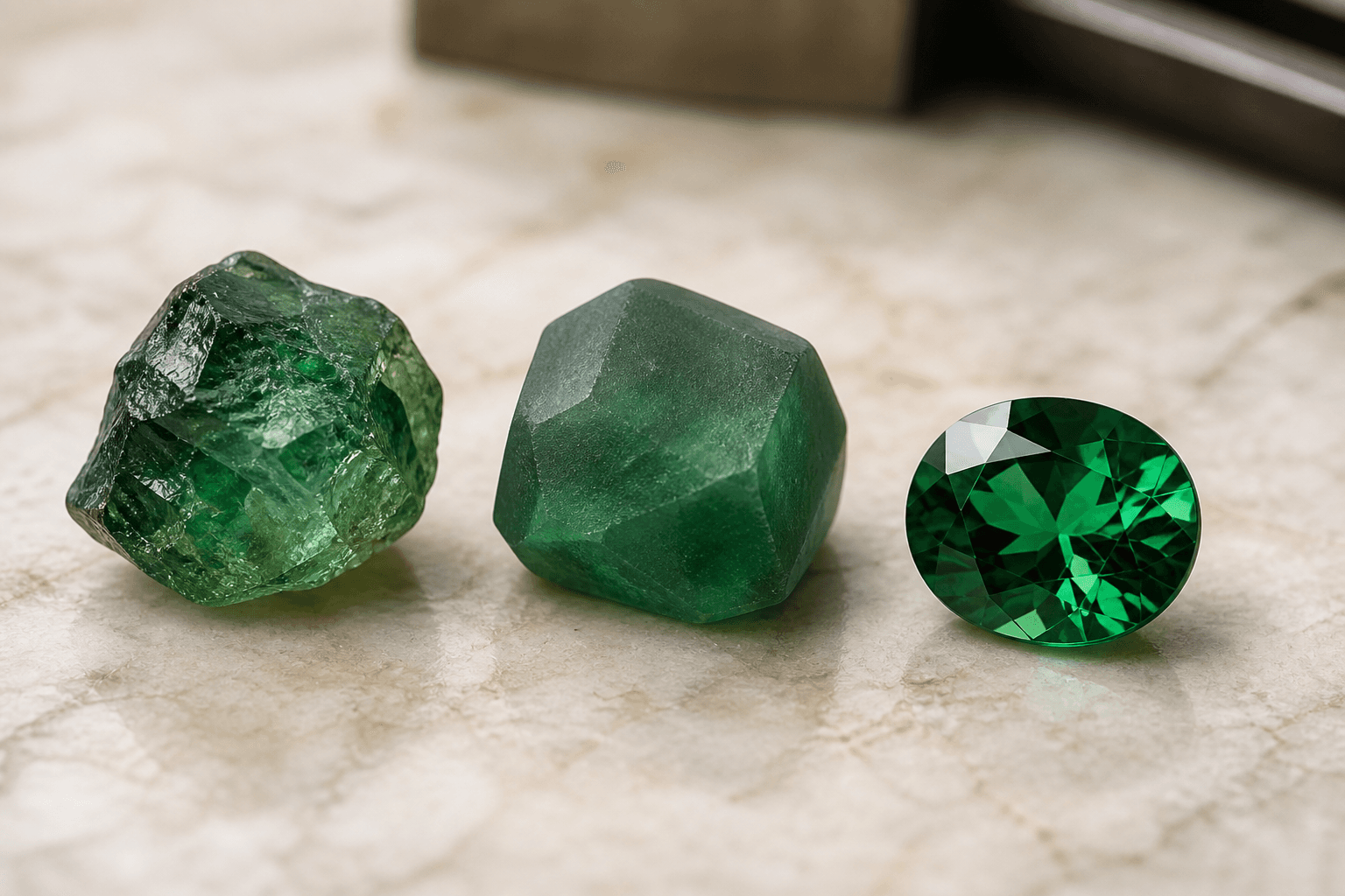 Green gemstone shown as rough crystal, frosted preform, and finished faceted oval
