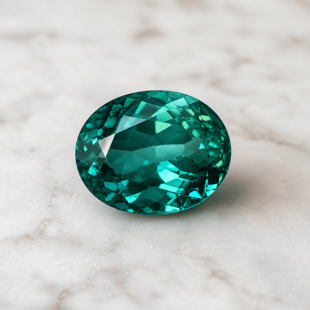 Natural loose teal tourmaline, oval cut on marble