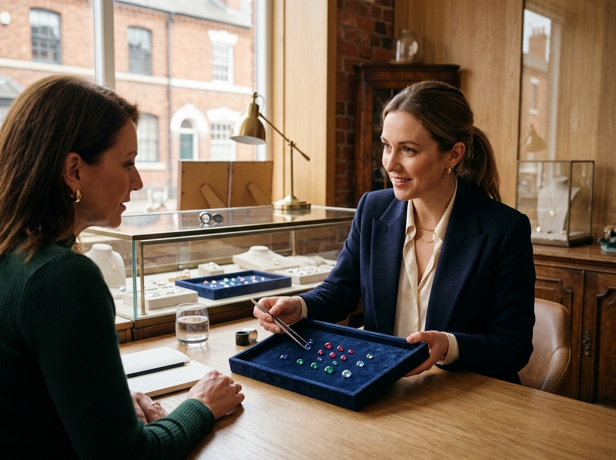 A Kaneel gemstone specialist presenting a fine gem collection during a private studio consultation