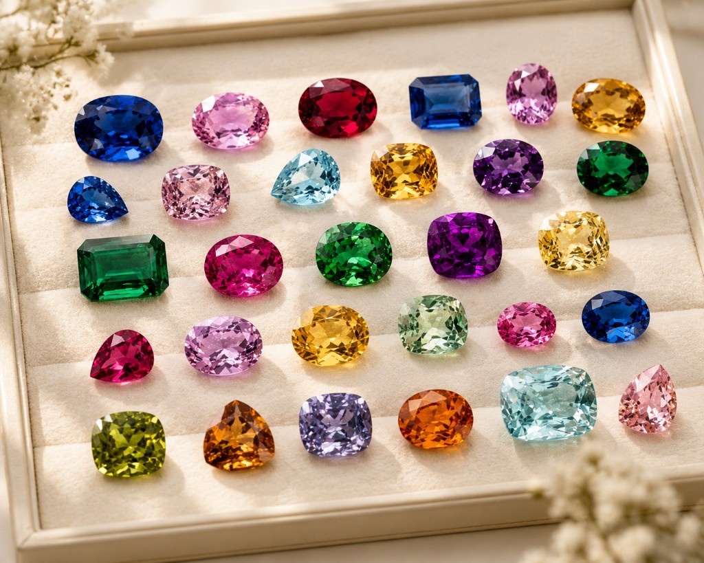 A curated display of colourful natural gemstones