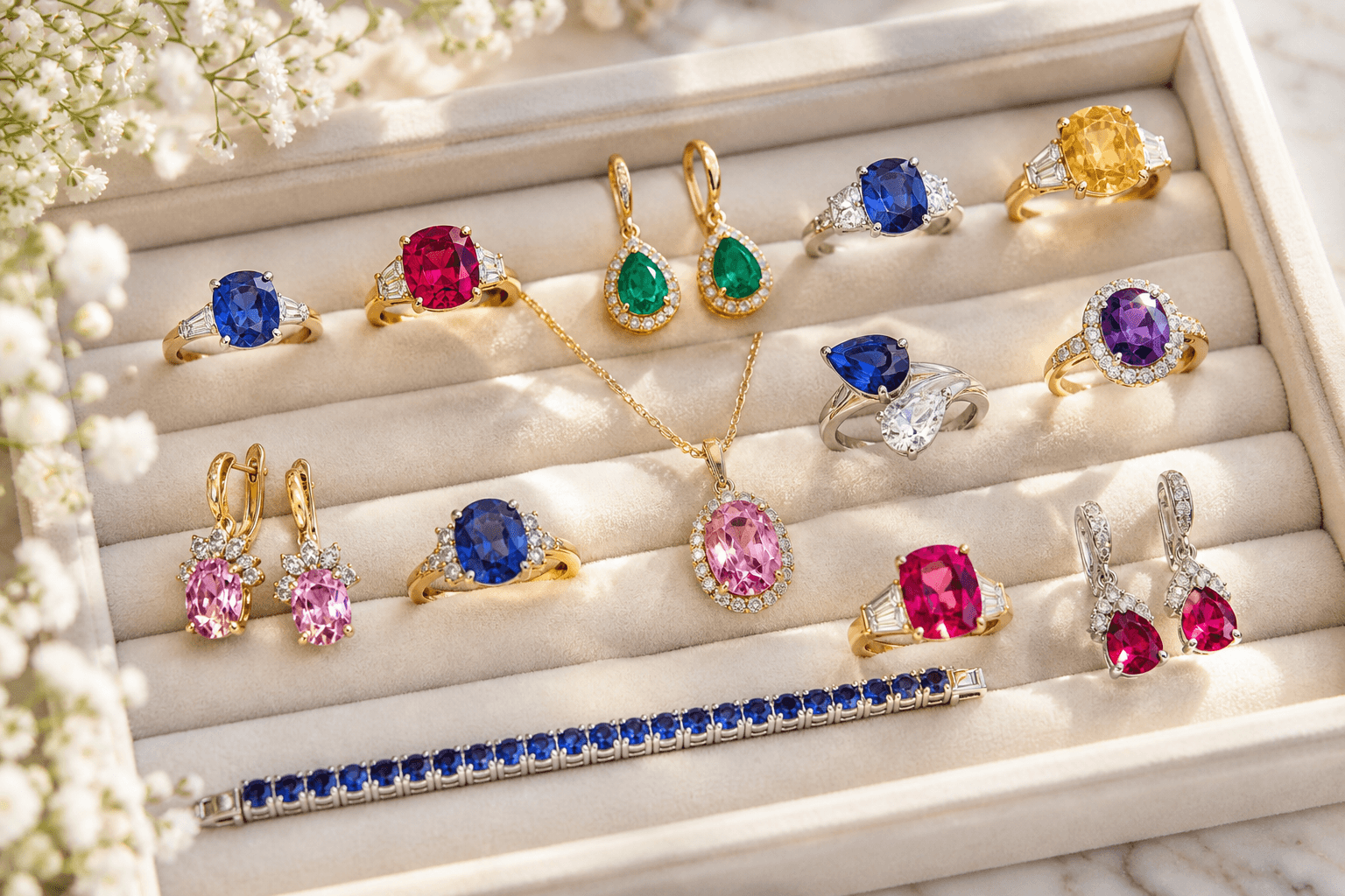 Colourful Kaneel jewellery — rings, earrings and pendants set with sapphires, rubies and emeralds