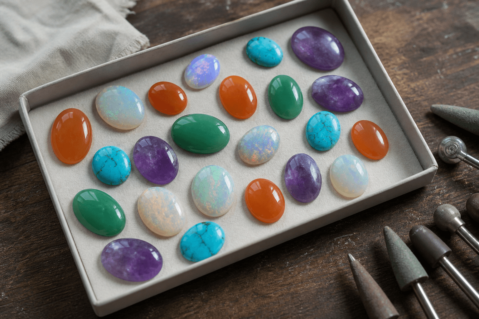Tray of polished cabochons in opal, turquoise, amethyst and jade beside lapidary burrs
