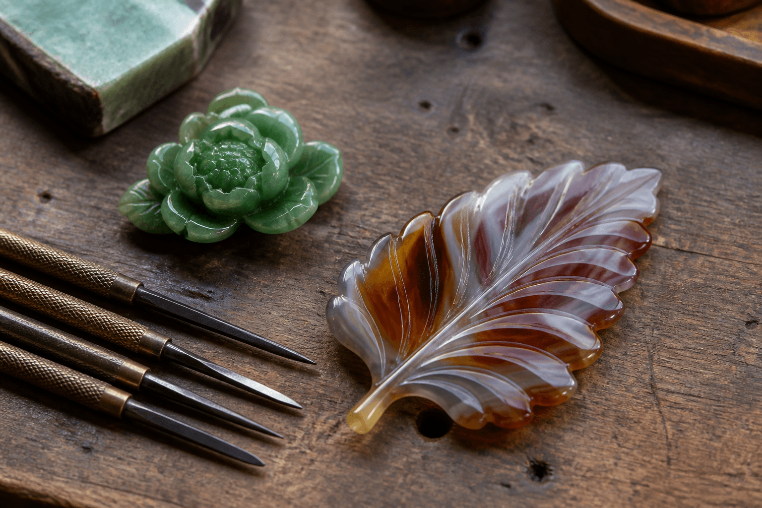Hand-carved agate leaf and jade flower on a wooden bench with carving tools