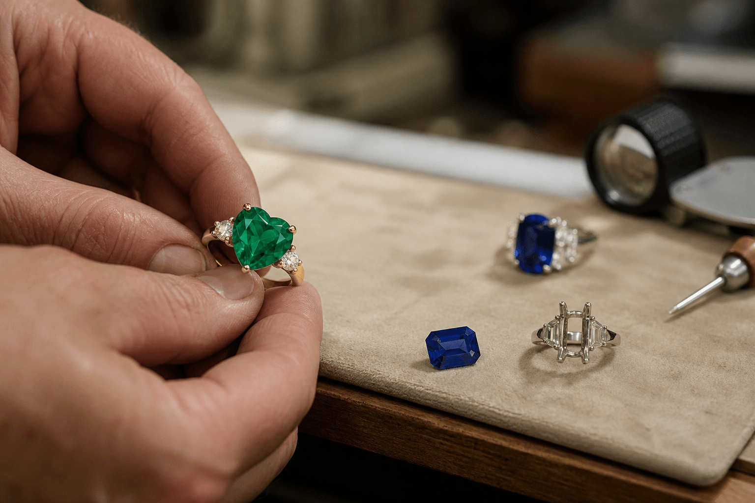 Heart-shaped emerald ring held above a bench with sapphires and an empty setting