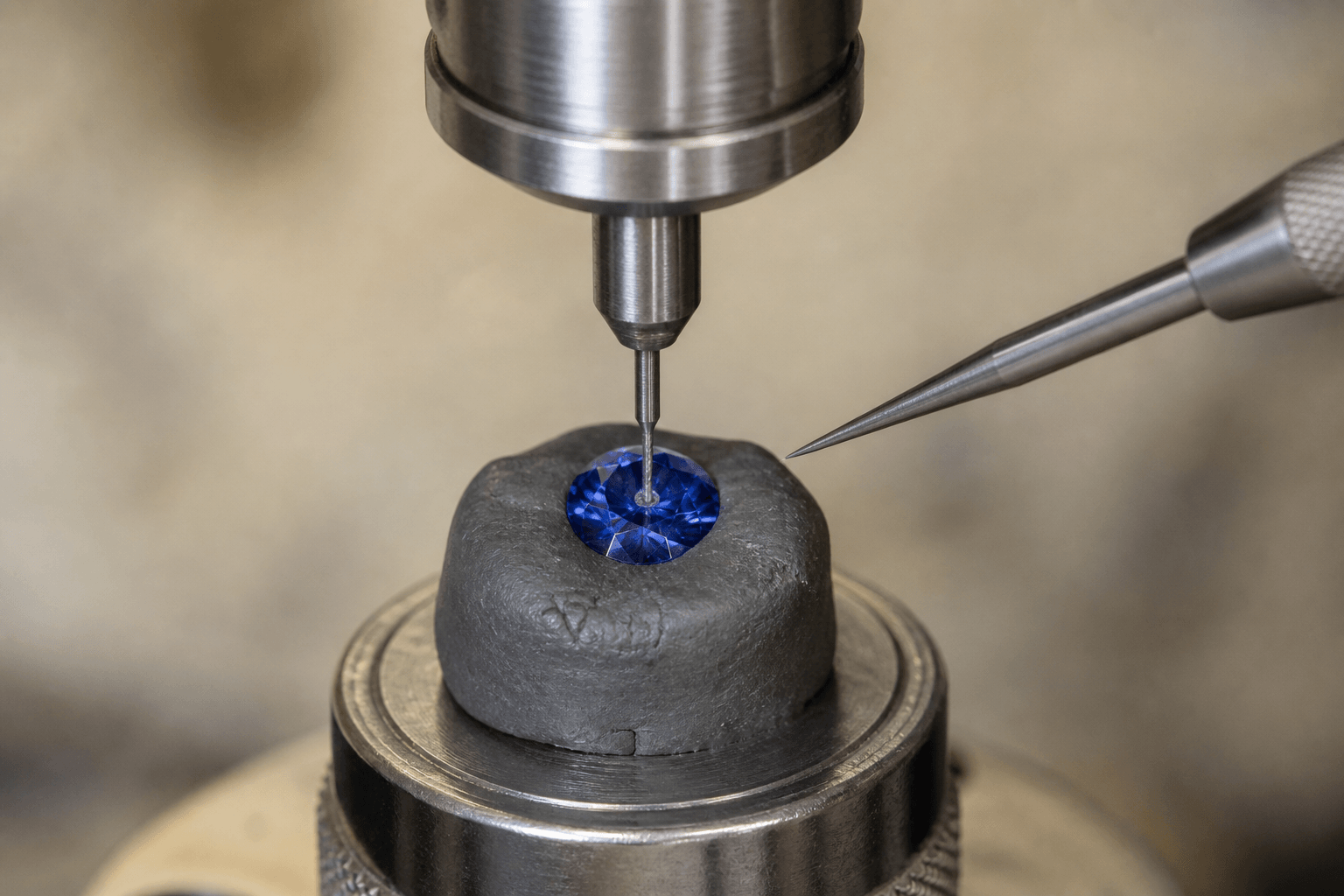 Fine drill aligned on the table of a blue sapphire held in lapidary wax