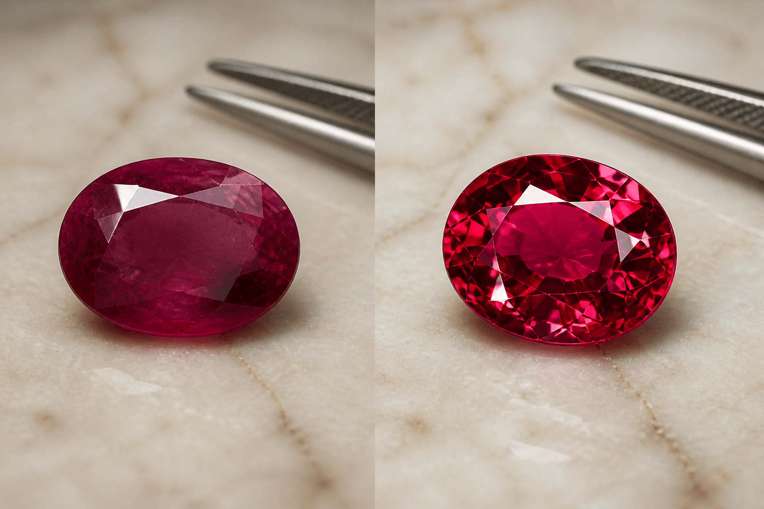 Side-by-side oval ruby: dull and poorly cut on the left, brilliant after recutting on the right