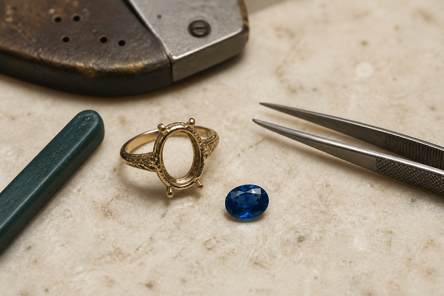Empty engraved gold ring beside a matching oval blue sapphire ready to be set
