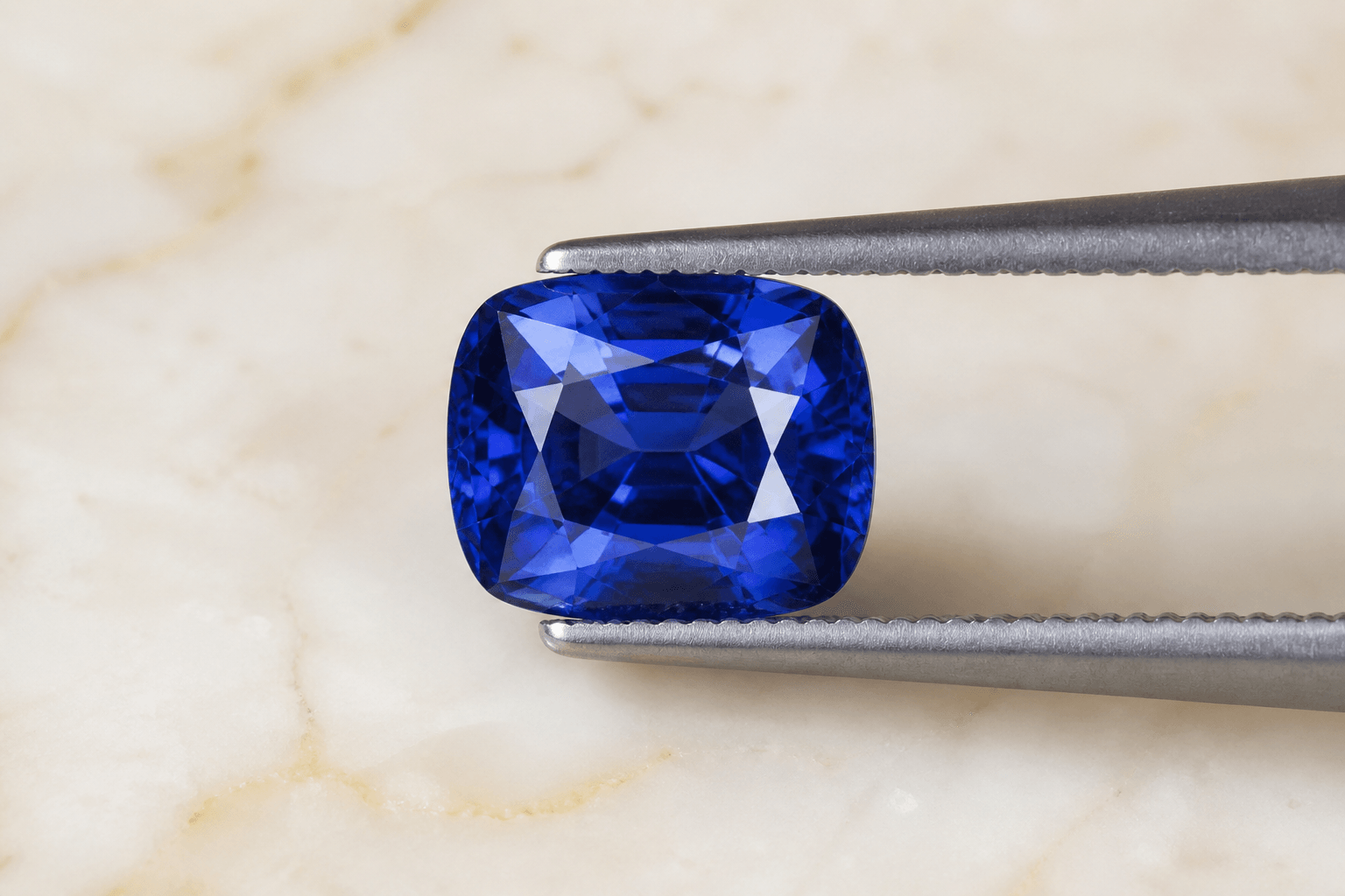Cushion-cut blue sapphire after the chip was recut and the stone repolished