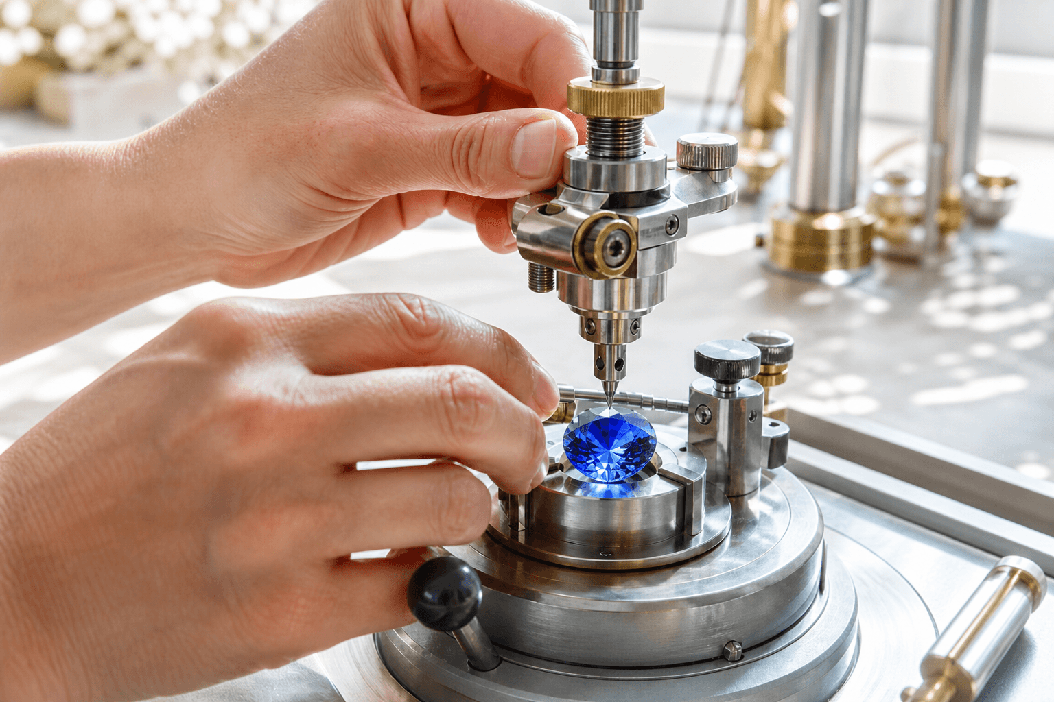 Precision faceting of a blue sapphire on the Kaneel lapidary bench