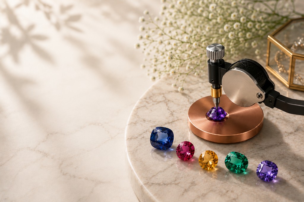 Colourful gemstones beside a precision lapidary inspection tool